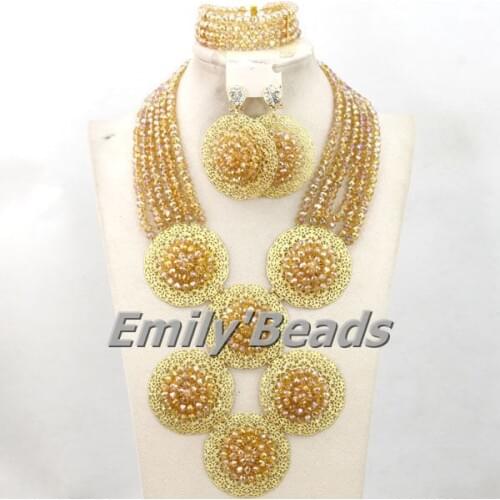 Champagne Gold African Crystal Beads Nigerian Wedding Handmade Balls Jewelry Set Indian Bridal Jewelry Set Free Shipping AMJ017