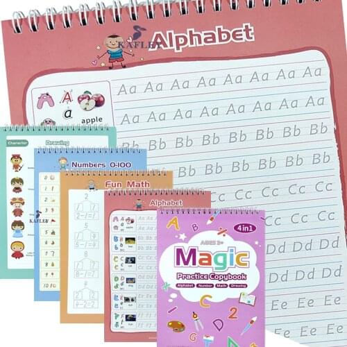 4 in 1 Big size Childrens Magic Books, Reusable 3D Calligraphy Copybooks, English Number Lettering Magic Practice Copybooks