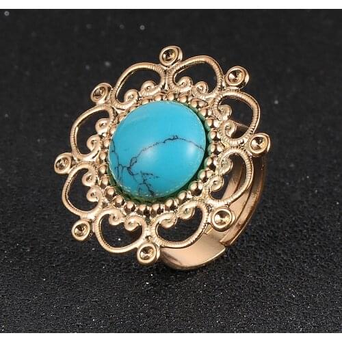 Vintage Gold Flower Cooper Adjustable Rings 14 Styles Round Natural Stone Bead Brass Knuckles Finger Ring Indian Women Jewelry