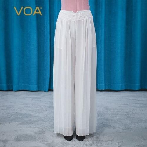VOA Silk Georgette Trousers KE373 Tuck Triple Button Zipper Double-layer Micro-transparent Literary Wide-leg Pants for Women