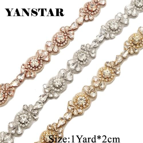 YANSTAR Wholesale Rhinestones Trim Iron On Wedding Dresses Belt Rhinetones Clear Rose Gold CrystalYS926