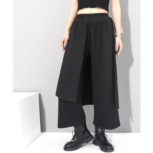 Autumn 2021 new fake two piece fashion wide leg pants dark Department personalized stitching elastic waist irregular skirt