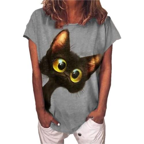 Womens Summer Cat Print T-shirt Tops Casual Round-Neck Short Sleeve Tee Tops Ladies Loose Streetwear Top Tee Plus Size