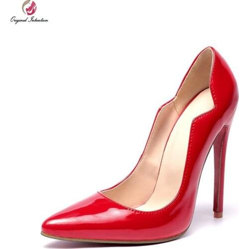 Original Intention Women Pumps Elegant Pointed Toe Thin Heels Pumps Patent Leather Red Nude Black Shoes Woman Plus US Size 3-16