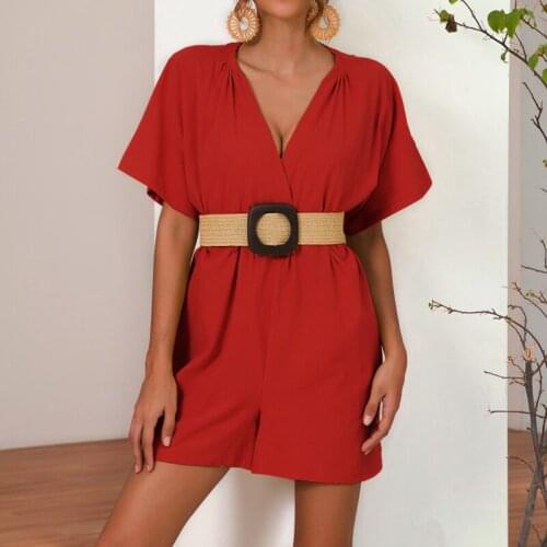 2019 Solid Color Cotton and Linen Short-sleeved Deep V-neck Womens Mini Playsuit Summer Holiday Casual Female Shorts Jumpsuit