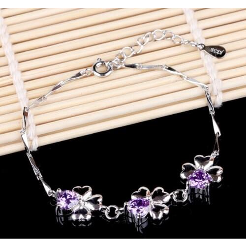 100% 925 sterling silver new fashion purple crystal flower ladies`bracelets jewelry no fade cheap bracelet female women gift