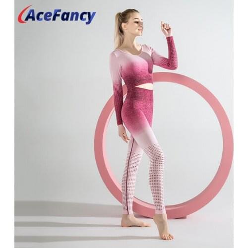 Acefancy Ombre Yoga Set Women Long Sleeve Crop Top Breathable Sport Leggings Women Set Yoga Workout Clothes For Women T6090