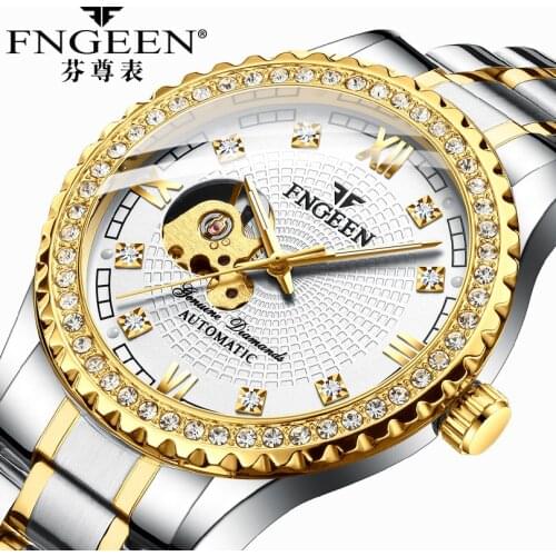 Hot Fenzun Watch Mens Mechanical Watch Fully Automatic Waterproof Diamond-encrusted Mens Fashion Watch Gold Watch Hollow Mens