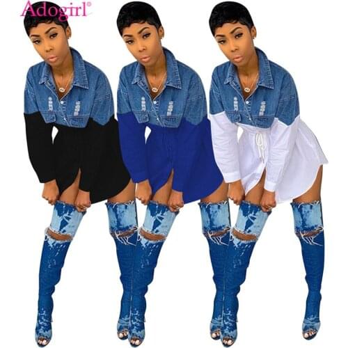 Adogirl Jeans Patchwork Denim Shirt Dress Turn Down Collar Long Sleeve Drawstring Slim Mini Casual Dresses Fashion Clothing