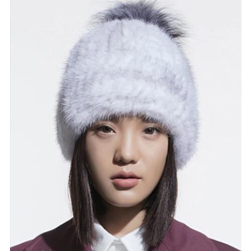 Elegant Women Genuine Real Mink Fur Skullies Beanies Cap Hand-Woven Ladies Winter Warm Hats With Fox Fur Ball 7Colors