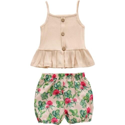 FOCUSNORM 1-5Y Summer Infant Kids Girls Clothes Sets 2pcs Sleeveless Ruffles Solid Vest Tops Floral Printed Shorts