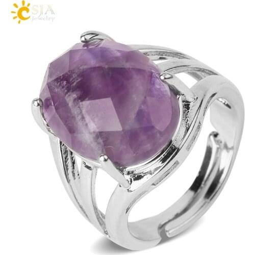 CSJA Egg Shape Natural Stone Rings Multifaceted Cabochon Purple Crystal Lapis Silver Color Finger Ring for Women Adjustable G616
