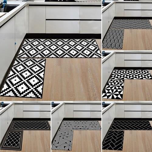 1PCS Black White Geometric Pattern Kitchen Mat Bath Carpet Floor Mats Home Entrance Doormat Area Rugs Durable Water Absorbent