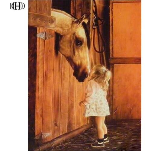 MHD Needlework Diamond embroidery Horse Diamond Painting girl cross stitch Icon rhinestone pattern Home decoration stickers