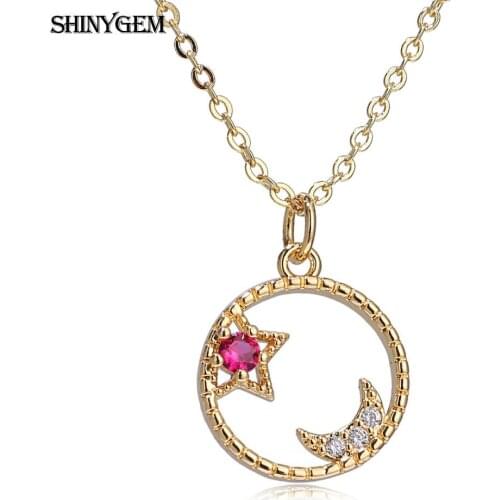 Lovely Fashion 15*17mm Micro Zircon Inlaid Pink/Blue Stars Accompanied By Moon Necklace Copper Frame Chain Jewelry For Women