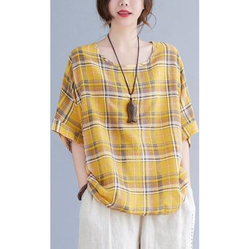 Plaid Fashion Women Tops Thin Soft Cozy Cotton Loose Summer T Shirts All-match Oversized Lady Casual T-shirts Tees tshirt Shirts