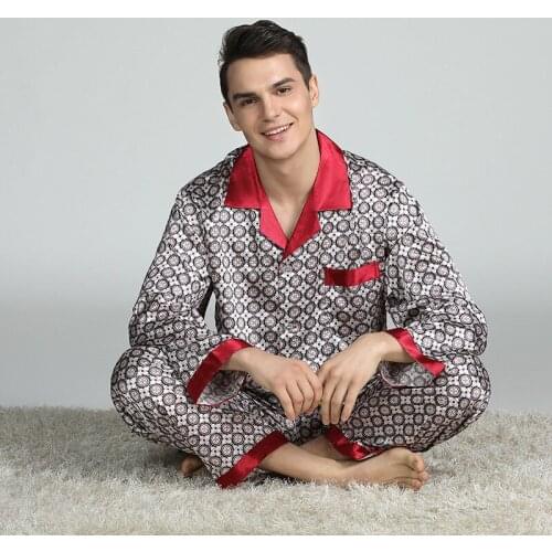 Mens Loose 2PCS Satin Pajamas Suit L-3XL Spring Autumn New Nightwear Full Sleeve Pant Casual Sleepwear Print Home Pyjama