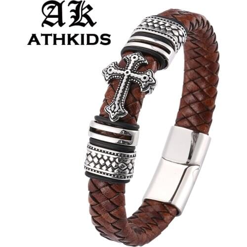 New Vintage Braided Leather Men Bracelets Stainless Steel Cross Charms Cuff Bracelets Bangles Trendy Male Jewelry PD0061