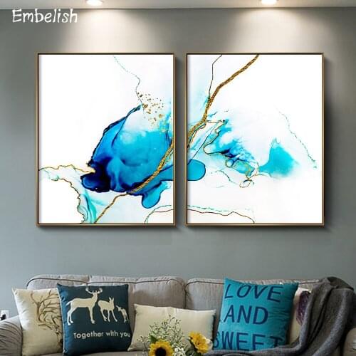 Nordic Style Blue And Golden Color Mixing Modern Home Decor Pictures For Living Room Wall Art Posters HD Canvas Oil Paintings
