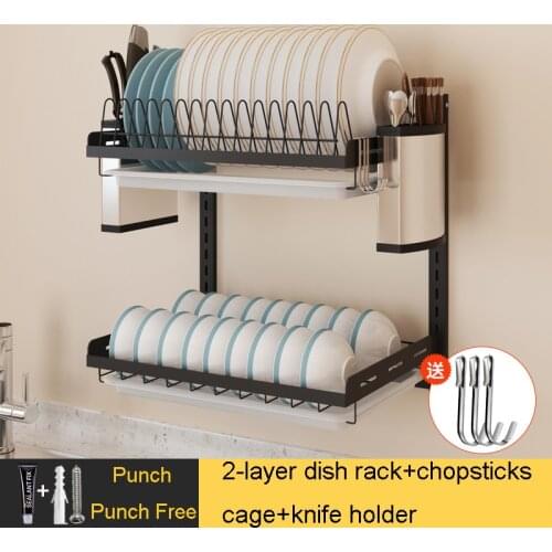 New Hot Black Stainless Steel Dish Rack Wall Hanging Bowl Plate Rack Drain Shelf Free-punching Kitchen Storage Organizer