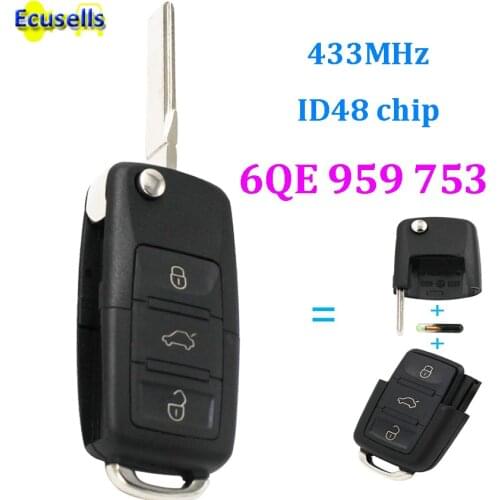 NEW Flip FULL Remote Key 3 Buttons With ID48 Chip 6QE 959 753 433MHz for Volkswagen Fox Gol Sharan Saveiro 6QE959753
