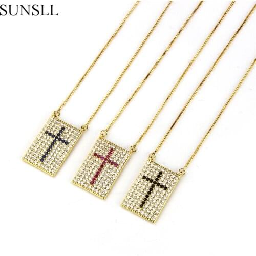 SUNSLL Gold Color Copper Two color Cubic Zirconia Cross Rectangle Pendant Necklaces Womens Fashion Jewelry CZ Colar Feminina