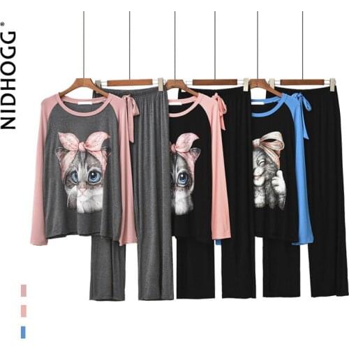 Spring and Autumn Modal Round Neck Pajamas for Women Cartoon Cat Printing Homewear Suit Long Sleeve Sleepwear Two Piece Set