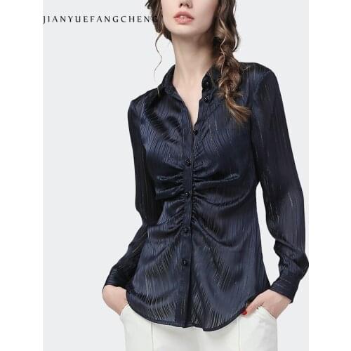 Fashion Blue Stripe Satin Shirts Women Tops 2021 Spring New Long Sleeve V-Neck Elegant Slim Shirred Ladies Office Casual Shirt