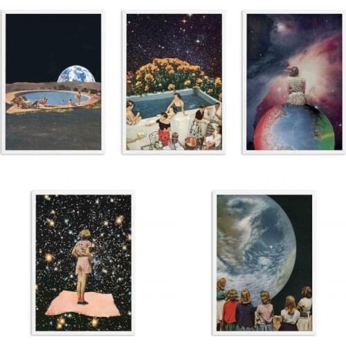 Self-adhesive Wallpaper Retro Swimming Pool Earth Moon Vintage Wall Art Posters Prints Wall Pictures For Kitchen Room Decoration