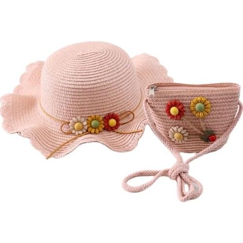 XEONGKVI Europe America Falbala Three Flower Beetles Parent-child Sun Hat Bag Suit Spring Summer Straw Hat For Women Girl