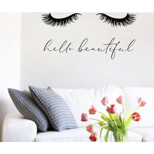 Hello Beautiful Lettering Wall Decals Closed Girl Eyes Eyelash Extensions Wall Stickers Salon Wall Window Decoration Art Murals