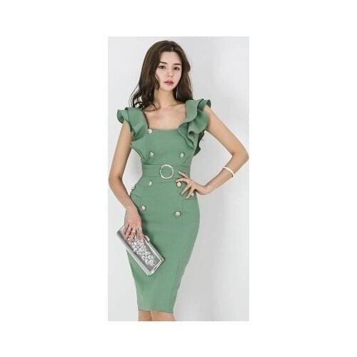 Summer New Womens Korean Version Ol Fashion Lotus Leaf Sleeve Slim Double Breasted Long Bag Hip Dress Tb18210