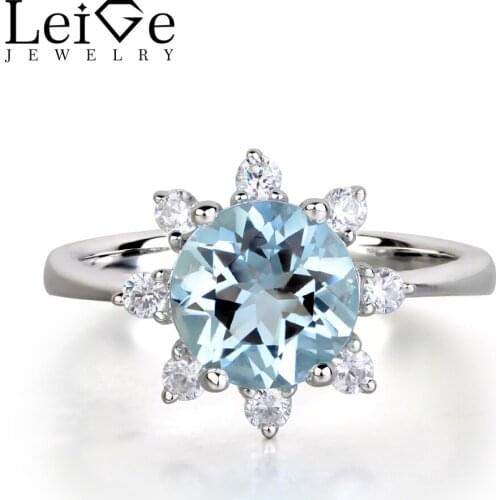 Leige Jewelry Natural Aquamarine Ring Blue Wedding Engagement Rings for Women Sterling Silver 925 Fine Jewelry March Birthstone