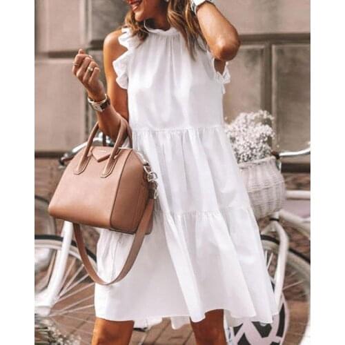 Summer Loose Daily Wear O Neck Solid Ruffles Trim Ruched Short Sleeve High Waist White A-Line Mini Casual Dresses for women 2021