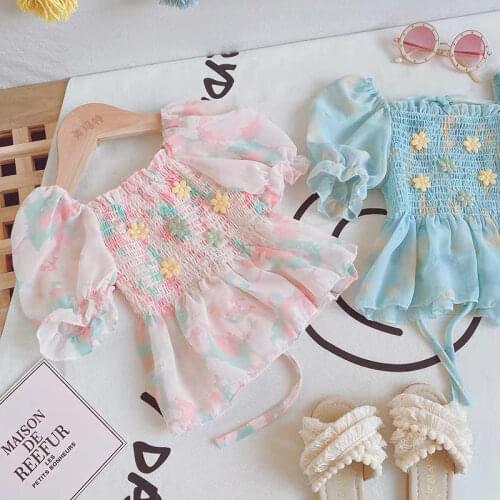 2021 Sweet Girls Baby Fashion Flowers Pleated T Shirts Chiffon Short Sleeved Princess Tops T-shirt Clothes Kids Children Wear