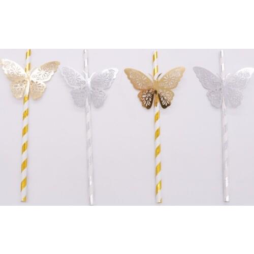 25pcs gold silver Striped Straw and 3D PVC butterfly for Romantic Wedding Party Decoration DIY birthday party bar Decoration