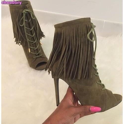 Army Green Brown Beige Black Suede Leather Open Toe Ankle Boots Lace-up Drape Fringe Dress Shoes Ultra High Heel Nightclub Shoes
