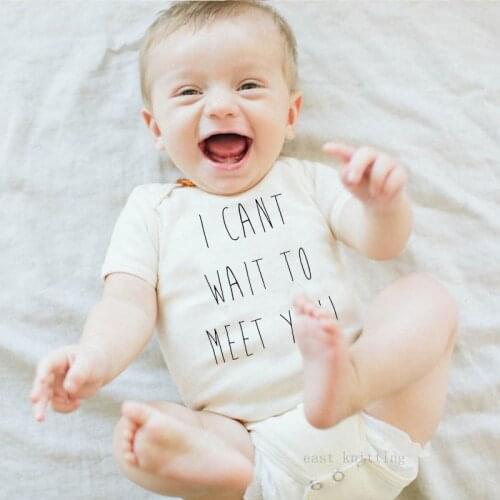 DERMSPE Newborn Cotton Toddler Infant Baby Boys Girls Short Sleeve Letter Print I Can't Wait To Meet You Jumpsuit Clothes White