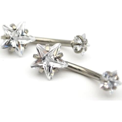 Double Five Star Clear Zircon Gem Internal S Belly Bar Navel Ring Fashion Body Piercing Jewelry Cute Crystal Belly Button