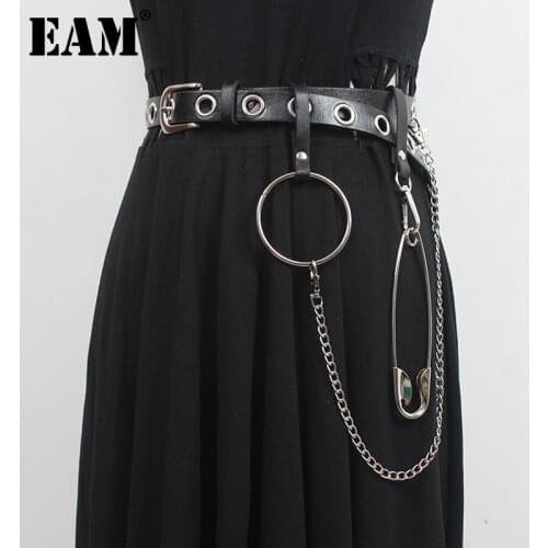 [EAM] Pu Leather Black Split Joint Metal Chain Belt Personality Women New Fashion Tide All-match Spring Autumn 2021 1DD7972