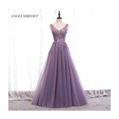 Elegant Lilac Prom Dresses Vestidos de festa Sexy V-Neck Applique Beading Floor-Length A-Line Gala Gowns Formal Party Gowns