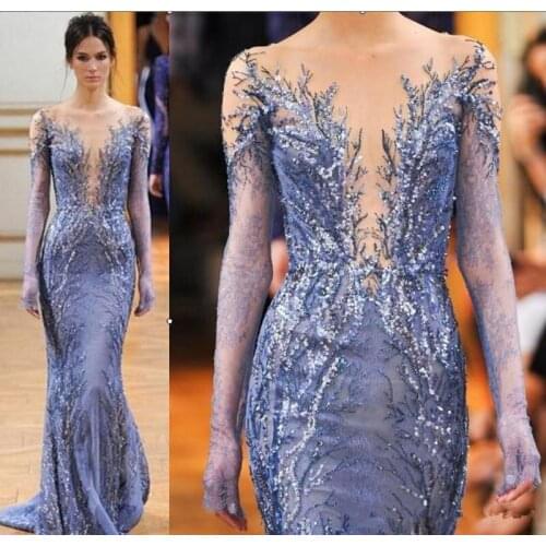 Blue Celebrity Dresses Mermaid Long Sleeves Appliques Lace Beaded See Through Famous Long Formal Red Carpet Dresses