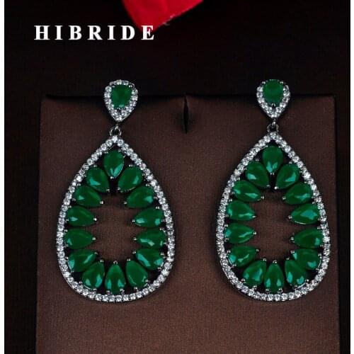 HIBRIDE Fashion Sparkling Green Cubic Zirconia Plant Women Dangle Earrings White Gold Color Pendientes Boucle d'oreille E-724