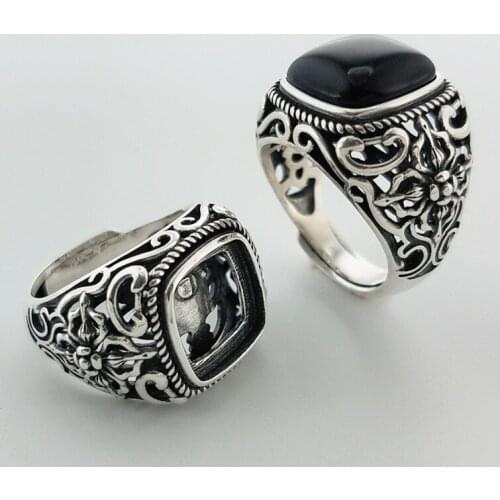 SA SILVERAGE Adjustable Mens S925 Sterling Silver Ring Empty Support Pestle Silver Inlaid Agate Ring Silver Jewelry Wedding