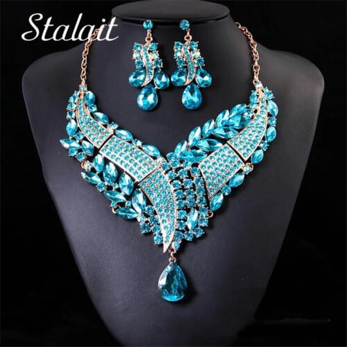 Blue Crystal Jewelry Set Statement Wings Geometric Full Rhinestone Necklace Earrings Bridal Jewelry Set Costumer Accessories