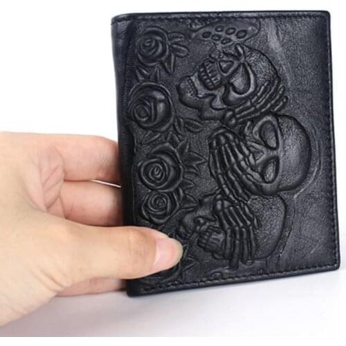 Punk Style Rose Ghost Head Embossed Wallet for Men Gothic Black Genuine Leather Wallet Short Vintage Skull Mens Wallet Purse