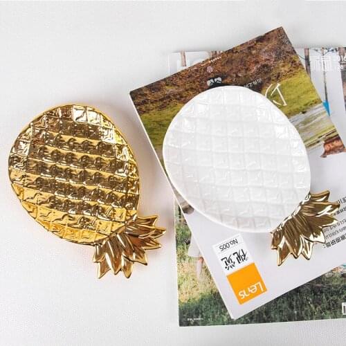 Creative Gold Pineapple Leaf Ceramic Plate Tray Golden Dish Porcelain Candy Trinket Fruit Dish Jewelry Storage Plate Decorative