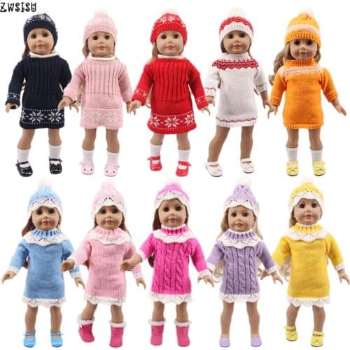 Doll Clothes 10 Solid Colors Sweater Knitted Hat+Snowflake Dress For 18 Inch American Doll&43 Cm Born Doll Generation Girl`s Toy