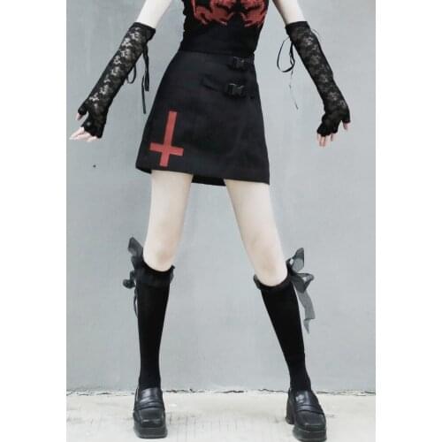 Summer Japanese Harajuku Girls Gothic Cross Embroidery A-line Black Skirt High Waist Casual Punk Hot Girl Mini Skirts