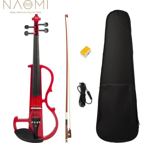 NAOMI Red Electric Violin Set Selected Solid Wood Hollow Body Silent Violin w/ Brazilwood Bow+Rosin+Audio Cable+Headphone